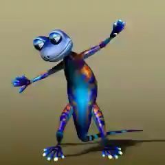 a blue and black frog with its arms in the air, standing on one leg