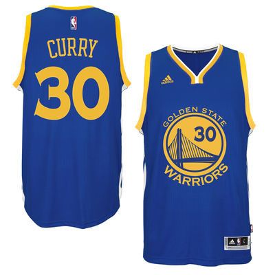 the golden state warriors'stephen curry 30 jersey is shown in blue and yellow, with an embroidered number on the chest