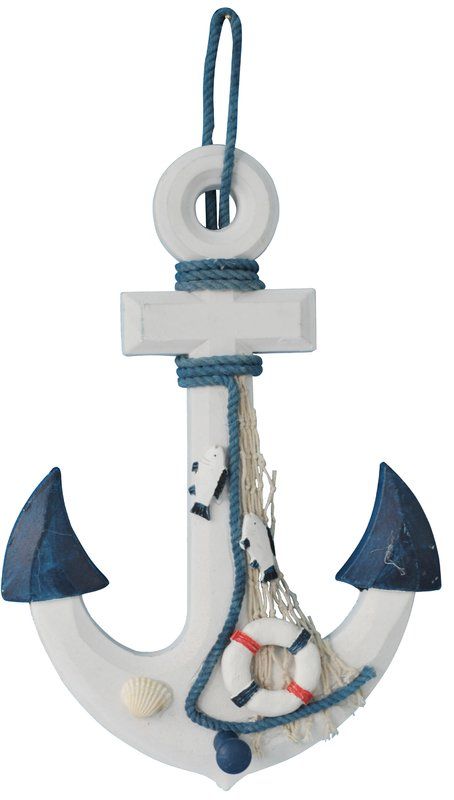 an anchor with rope and shells hanging from it