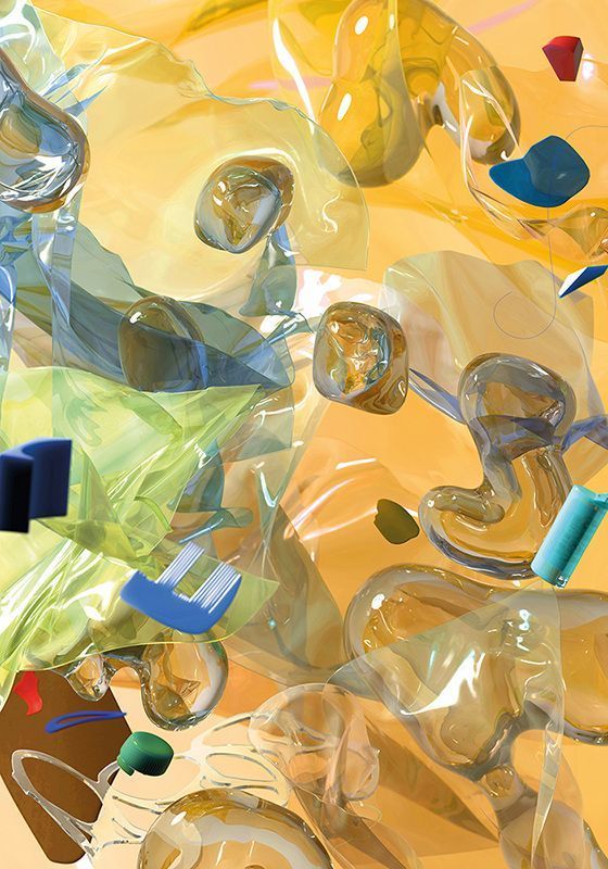 an abstract painting made up of plastic bottles and other items in yellow, blue, green, orange and white colors