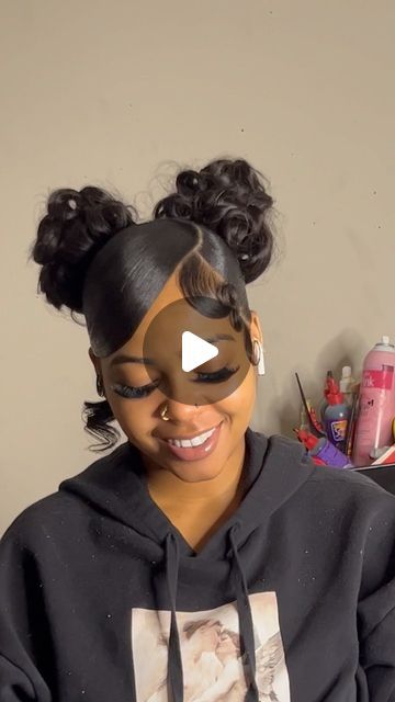 39K views · 7.2K likes | DolledByMyy💆🏽‍♀️🛍 on Instagram: "💗 Book The Look 💗  2 Pin curled buns with a swoop/bang 😍  ( No Edge Control )  - All hair textures are welcome 🫶🏽  ( Book ahead of time for all events coming up )   🎄 December bookings are going fast 🎄 - Hair classes are on sale rn with your choice of style !!🥳  #fyp #fypシ #fypage #explorepage #explorepage✨ #viral #viralvideos #viralreels #viralvideo #share #pinterest #pretty #contentcreator #ponytail #hairstylist #hair #hairtutorial #hairtransformation #hairideas #hairgoals #bookstagram #beauty #natural #nofilter #beautytips #beautiful #curlyhair #black #instagram #photooftheday" Side Swoop With Two Buns, 2 Curly Buns With Swoop, Two Buns With A Swoop, Two High Buns With Swoop, Back Bun With Swoop, Side Swoop 2 Buns, Cute Diy Hairstyles Easy, Two Messy Buns With Swoop, 2 Space Buns With Swoop