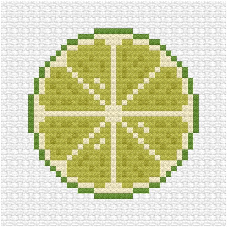 a cross - stitch lemon fruit pattern in green and white, with four slices cut out