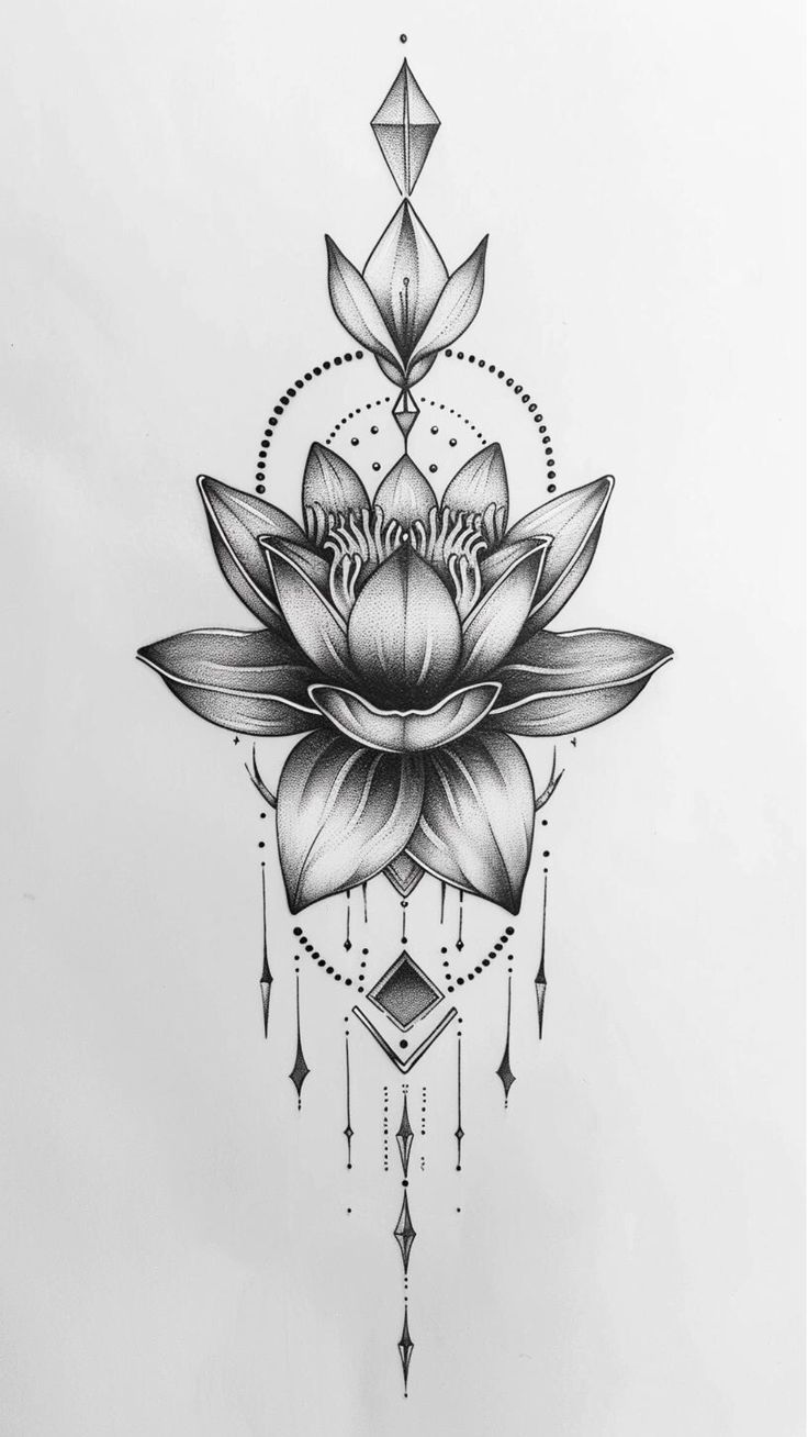 a black and white drawing of a lotus flower with an intricate design on the side