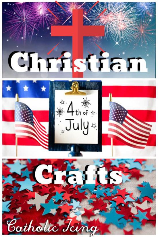 an american flag with the words, christian 4th july crafts and fireworks in the background