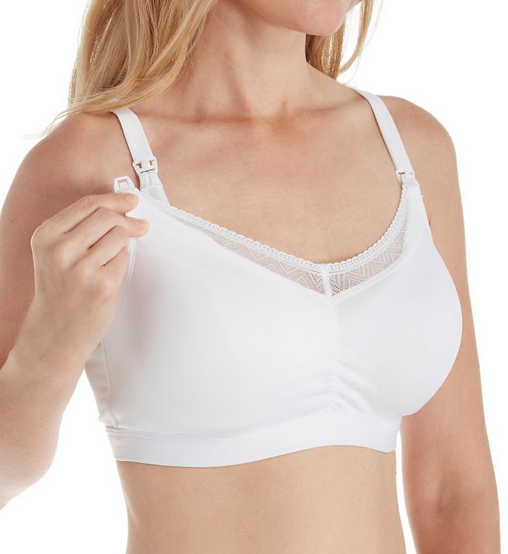 Comfortable, convenient, and cute nursing bra that's designed to breathe and stretch for easy-going, reliable wear. Especially designed for breastfeeding. Made of polyester and spandex. Wireless contour/t-shirt cup is lightly padded, with a stretch microfiber overlay for a smooth look that moves freely against fabric. Microfiber inner support sling lifts and positions breast forward in cup and stays in place when cup is down. Deeper cup shape for better fit. Sewn-on stretch lace along top of V-n Stretch Nursing-friendly Bra, Supportive Full Coverage Nursing Bra, Seamless Full Coverage Nursing Bra, Seamless Full Coverage Nursing Bra For Maternity Wear, Full Coverage Nursing Bra With Removable Pads, White Stretch Nursing Bra With Built-in Bra, Supportive White Nursing Bra With Removable Pads, Full Coverage Nursing Bra, Supportive Seamless White Nursing Bra