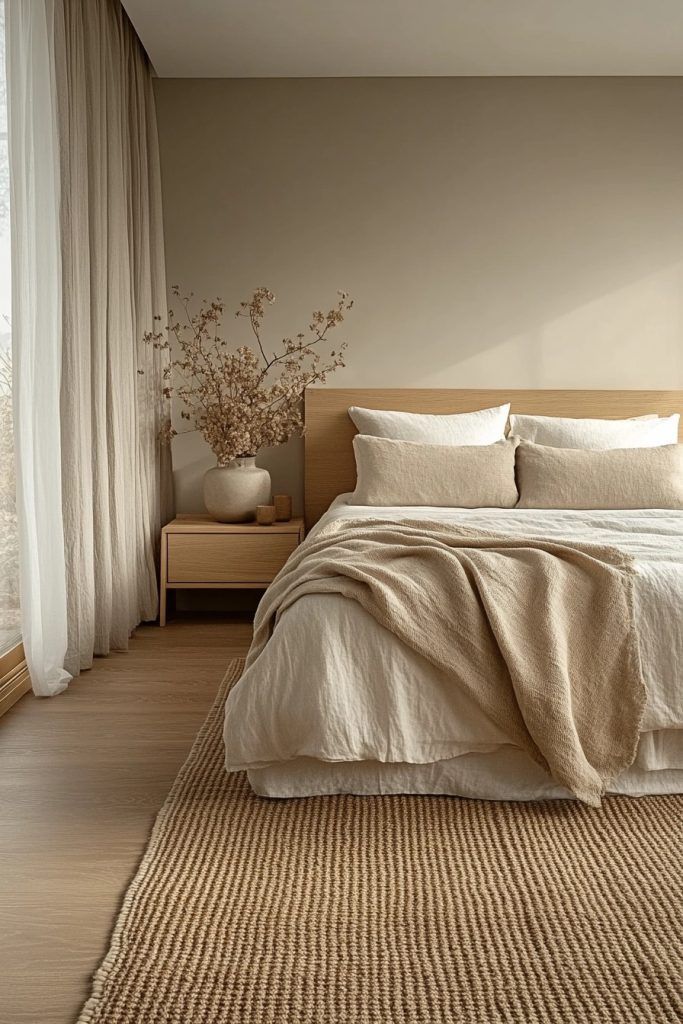 a large bed sitting next to a window in a room with wooden floors and white curtains