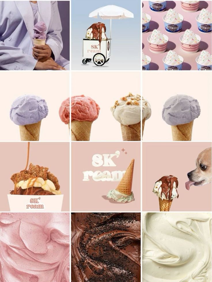 Social Media Design For Ice Cream | Helinmai Gelato Brands, Instagram Design Layout, Cookies Branding, Coffee Shop Branding, Instagram Feed Layout, Ice Cream Design, Ice Cream Brands, Media Kit Template, Minimal Photography