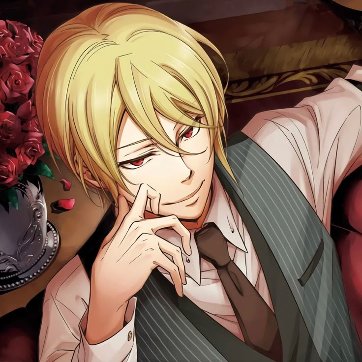 an anime character with blonde hair wearing a suit and tie sitting in front of a table