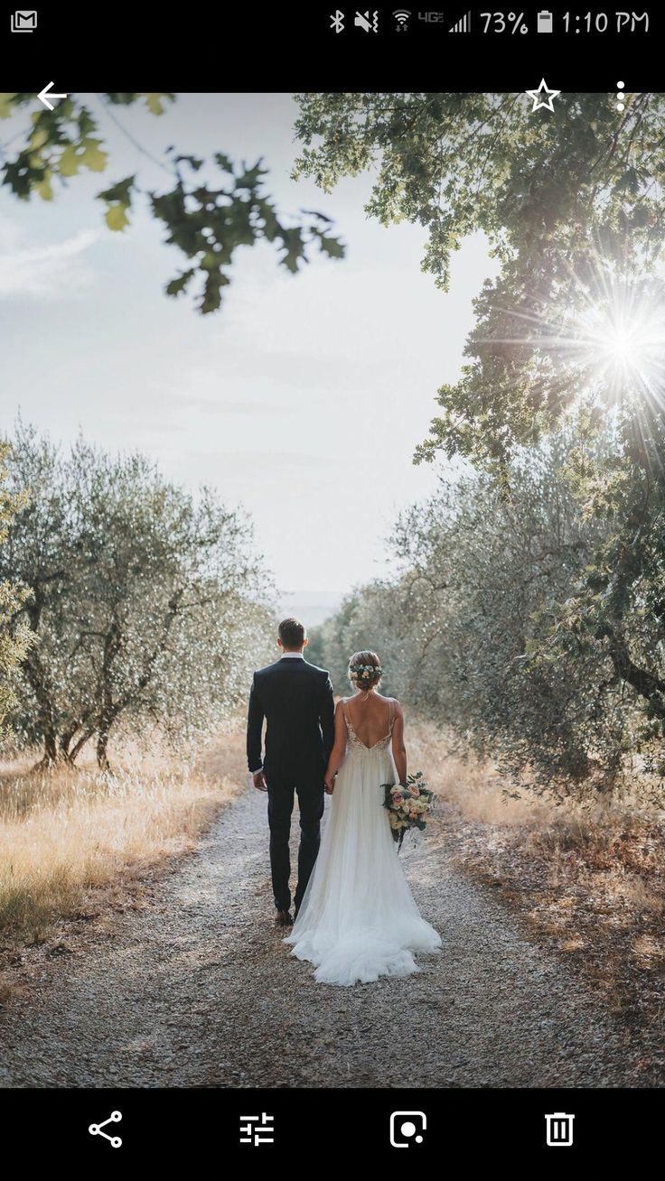 a bride and groom walking down a dirt road in an olive grove with sun shining through the trees