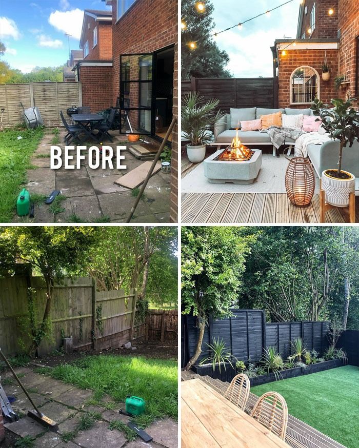 before and after pictures of a back yard with grass, patio furniture and fire pit