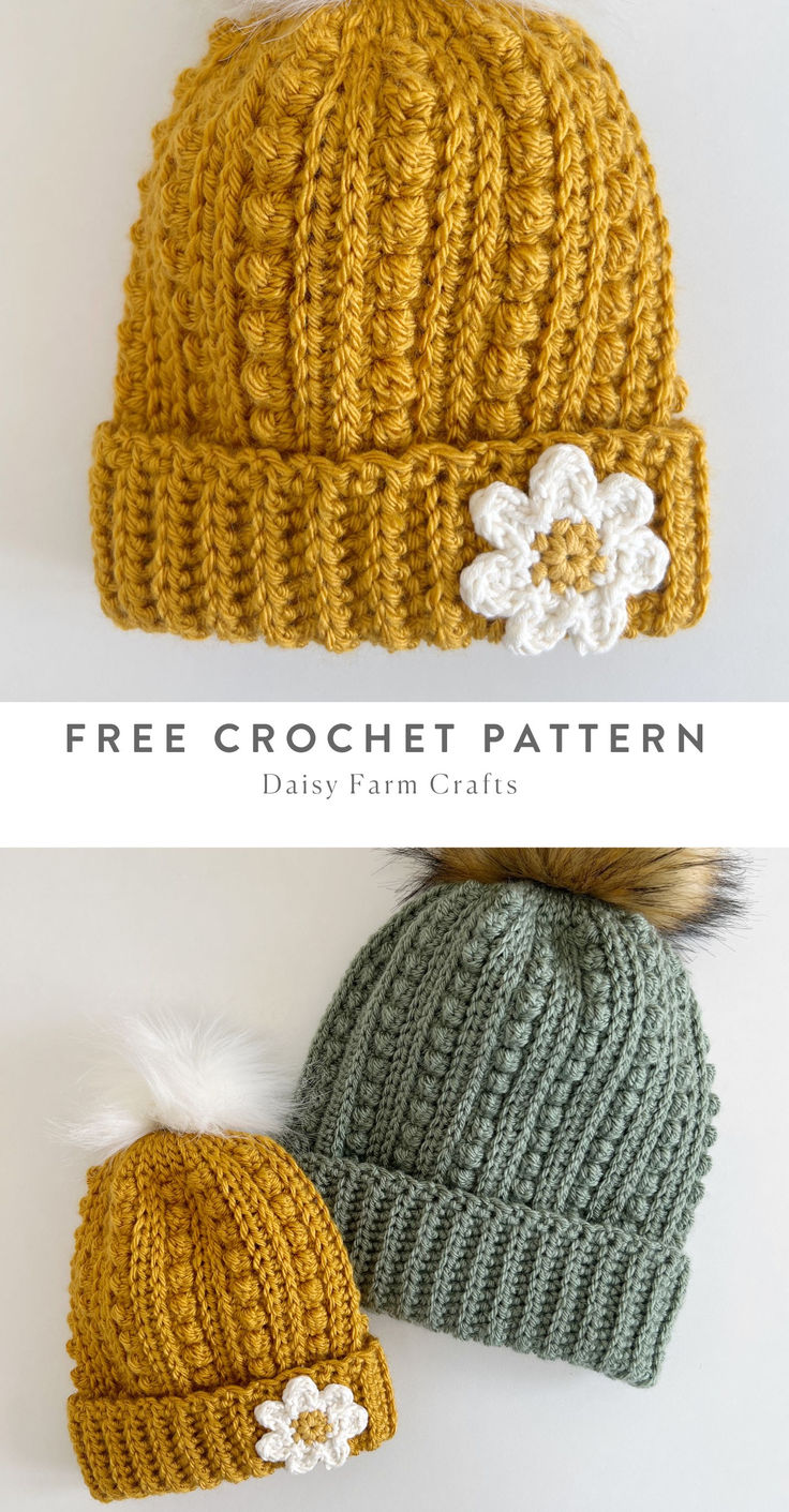 gold crochet hat with daisy flower on the brim Crochet Hat Oattern, Size 6 Yarn Crochet Hat Patterns Free, Cool Crochet Beanie Pattern Free, Wool Hat Crochet Pattern, Crochet Hat That Looks Knitted, Crochet Caps Free Pattern, Crochet Pattern For Flowers, Crochet Beanie With Flower, Baby Beanies Crochet