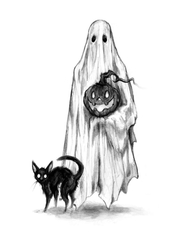 a drawing of a ghost and a black cat