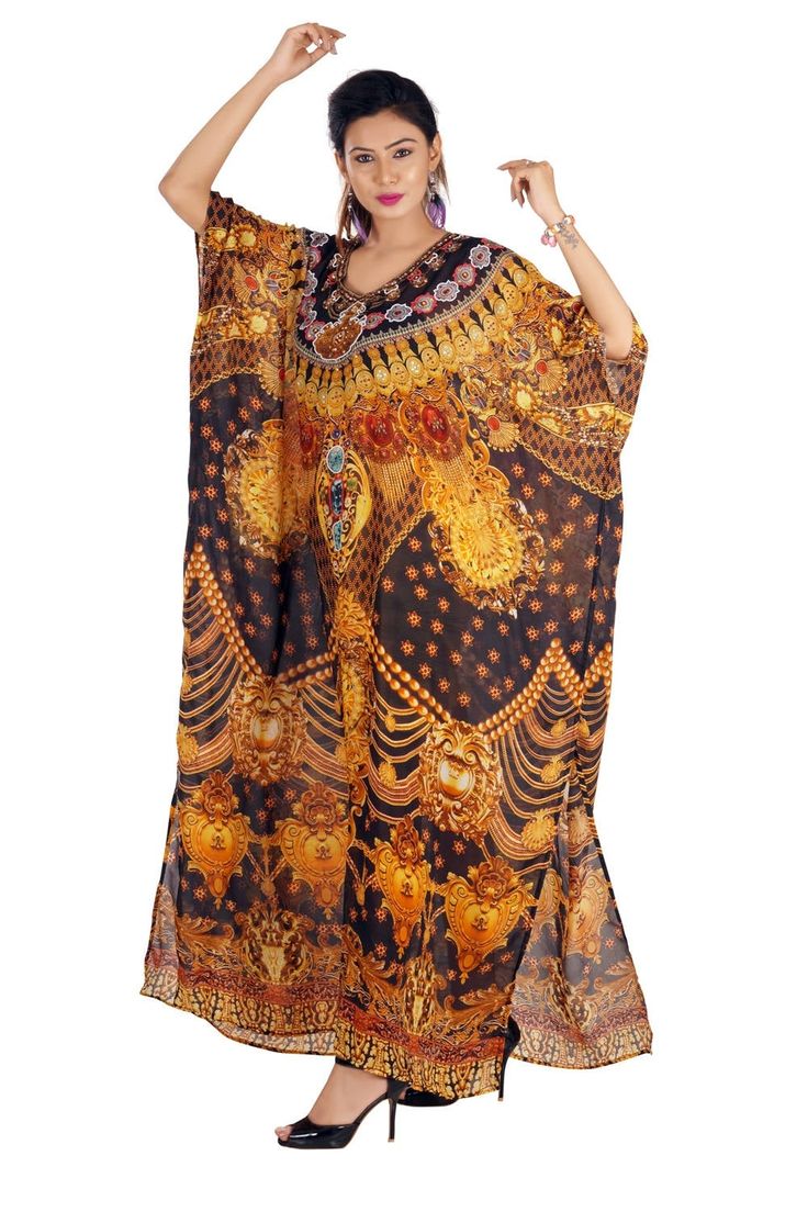 "Divine Baroque Scroll Print over Silk Kaftans kaftan dress in golden colour devotional style beach wear cover up one piece luxury kaftan Golden Baroque print over party wear silk kaftan that floats over your curves. It creates eye-catching effect and light enough to carry on parties and gatherings. Whether it is breezy or hot summer days, it works very well and effortless to carry. Jewelled with fine crystals of small size near neck mesmerizes the appearance of it. The print looks exotic and a Gold Bollywood Kaftan, V-neck Kaftan For Party And Festivals, Festive V-neck Printed Kaftan, Traditional Digital Print Tunic Kaftan, Bollywood Style Tunic Kaftan For Festivals, Festive Bohemian Kaftan With Digital Print, Summer Festive Digital Print Kaftan, Gold Maxi-length Kaftan For Festive Occasions, Gold Maxi Length Kaftan For Festive Occasions