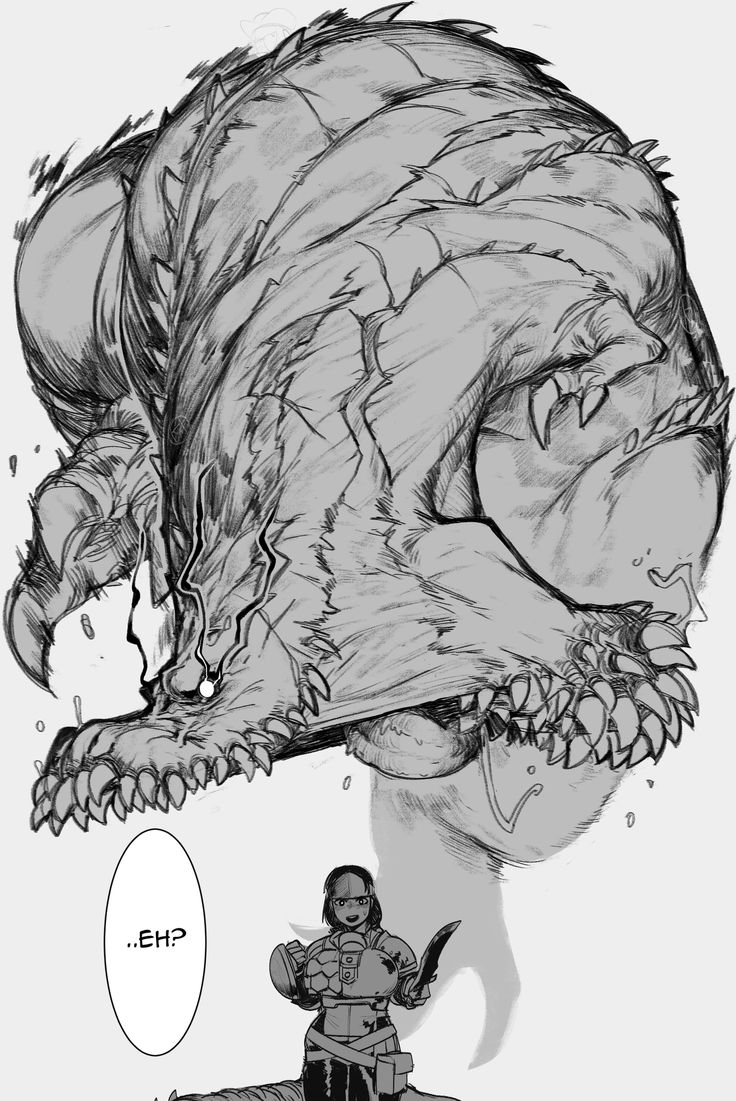 a drawing of a person sitting in front of a giant creature with its mouth open