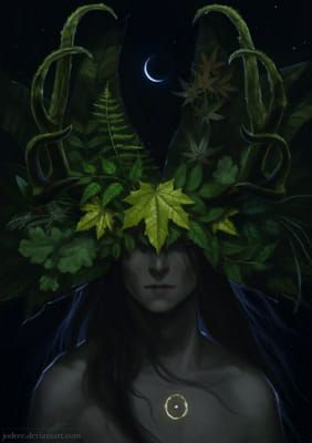 a woman with leaves on her head and moon in the background