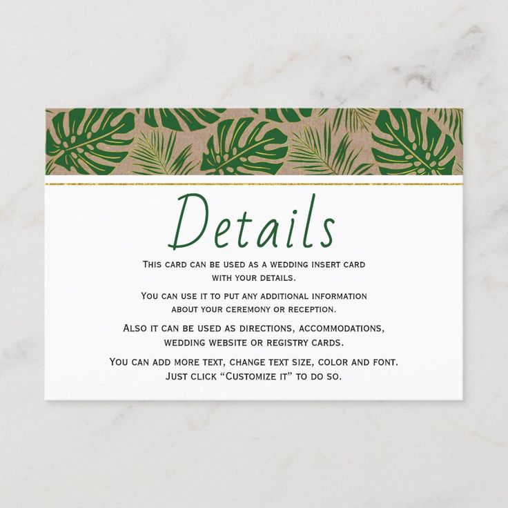 a card with the words details written in green and gold on it, surrounded by tropical leaves