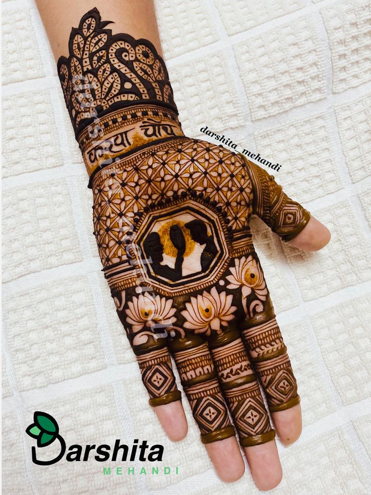 a woman's hand decorated with hennap and intricate designs on the palm