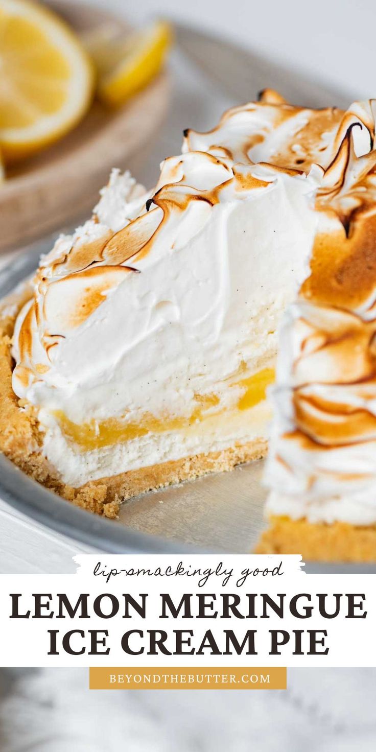 a lemon meringue ice cream pie on a plate with a slice cut out