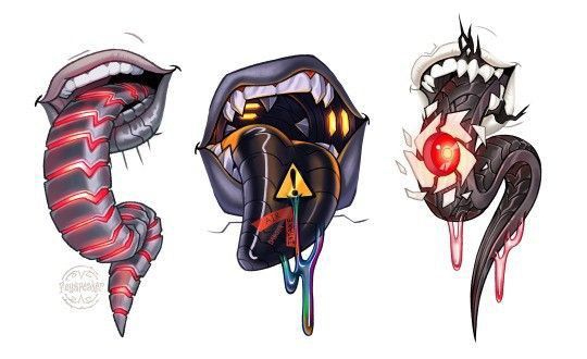 three different types of monsters with their mouths open and fangs out, one is biting the other's teeth