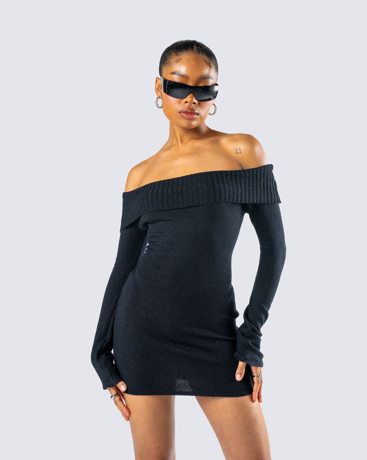 Your fave is back and in all black 😌 With an off shoulder design and bodycon style, this black sweater mini dress is the perfect blend of cozy and chic 🖤 Off Shoulder Design, Sweater Mini Dress, Bodycon Style, Mini Sweater Dress, Bodycon Fashion, Cargo Pant, Black Sweater, Shoulder Design, Black Sweaters