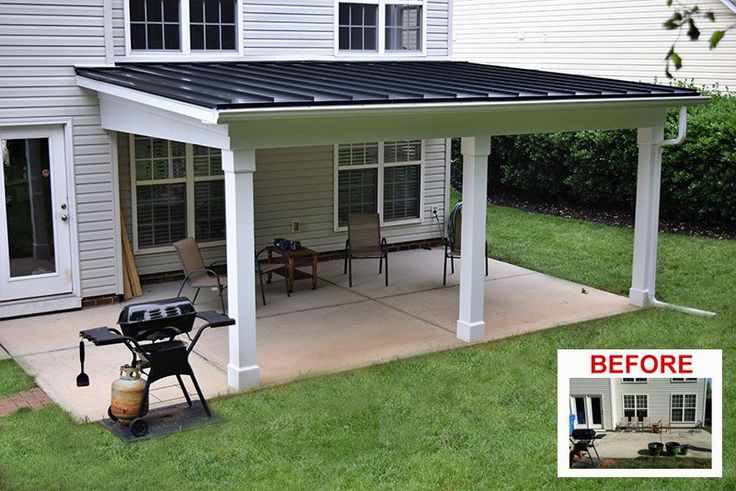 a covered patio with bbq and grill in the back yard before and after remodeling