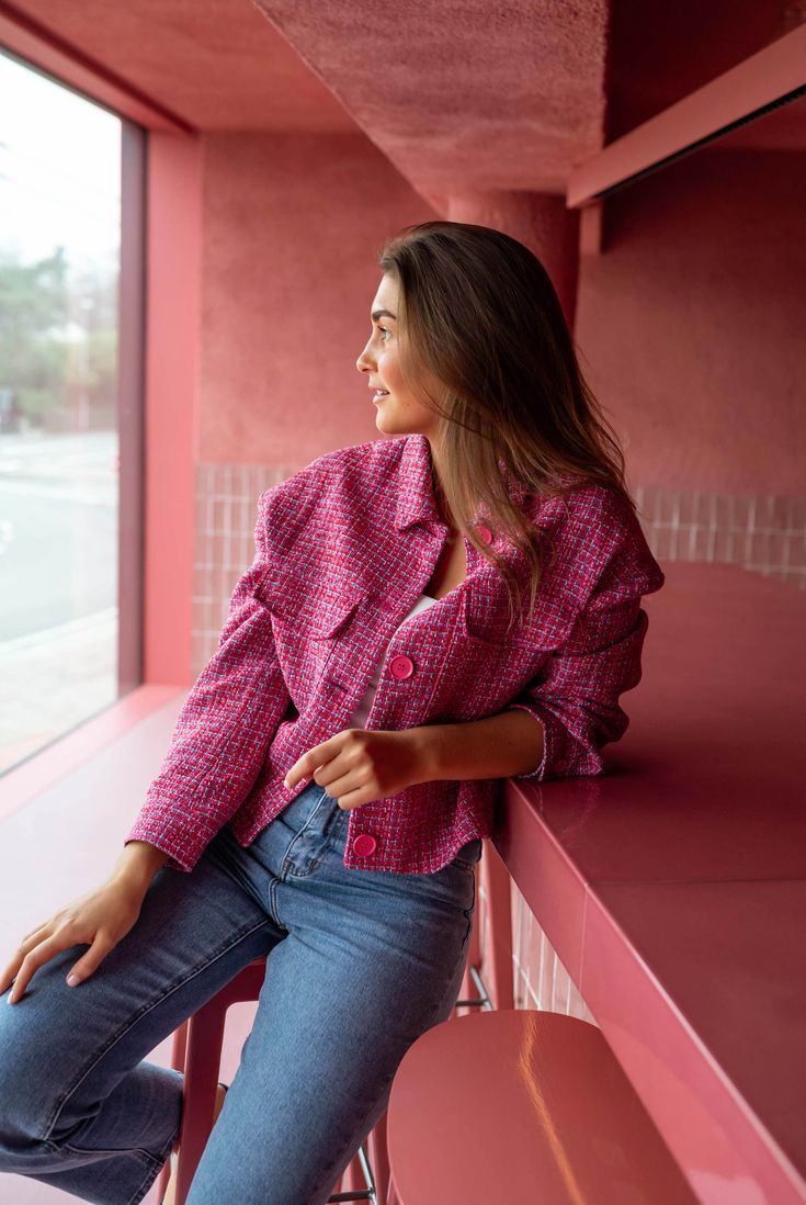 Pink tweed jacket that offers sightly-loose long sleeves, lining and two pockets on the front. The perfect classy and elegant jacket to elevate any and every outfit. Pair with our matching Pink Jemina Skort for the full look! Our models also wear the Pink Tweed Jemina Skort, White Andrea Top and the Medium Blue Solan Jeans. Sizes: S / M / L S: Length 21.26 in - Width 20.87 in M: Length 21.65 in - Width 21.26 in L: Length 22.05 in - Width 21.65 in 100% Polyester Washing: handwash only Long Sleeve Tweed Jacket With Pockets For Office, Long Sleeve Tweed Jacket For Office, Office Long Sleeve Tweed Jacket With Pockets, Long Sleeve Tweed Jacket For Work, Chic Button-up Tweed Jacket With Pockets, Trendy Tweed Blazer With Pockets, Office Tweed Jacket With Long Sleeves, Trendy Tweed Long Sleeve Outerwear, Chic Tweed Jacket With Lapel Collar And Pockets