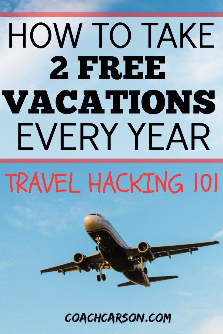 an airplane flying in the sky with text overlay reading how to take 2 free vacations every year