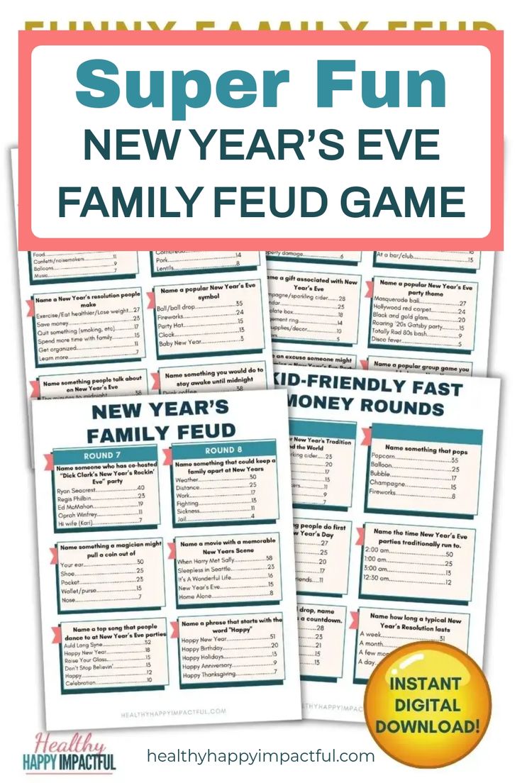 New Year's Eve family feud game sheets with fun and fast-paced questions. Fun Family New Years Eve Ideas, Family Friendly New Year’s Eve Games, New Years Eve Fun For Kids, New Year Eve Games For Family, New Years Games For Teens, Diy Family Feud Game, New Year’s Eve Family Traditions, Diy New Year’s Eve Games, Diy Family Feud