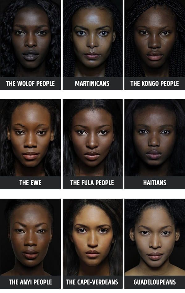 the different types of women's faces are shown in this image, including dark skin and