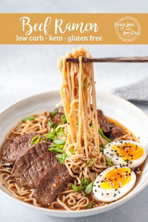 a bowl of beef ramen with noodles and egg on top is shown in front of the caption