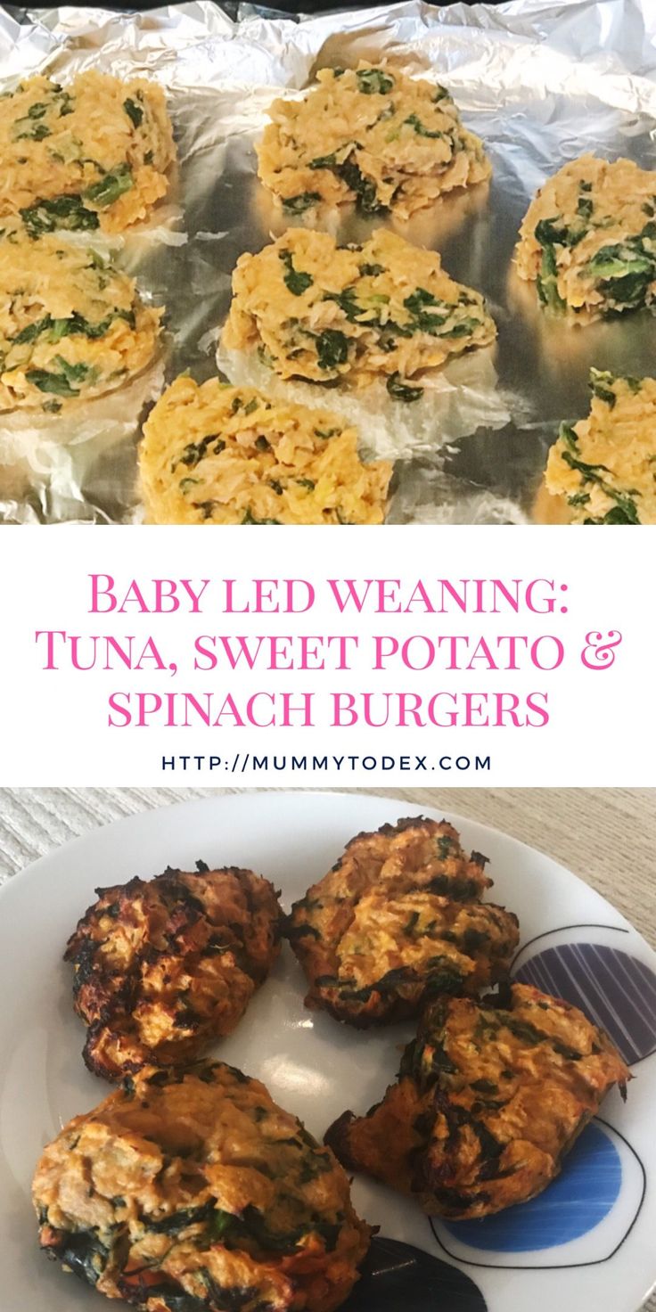 baby led weaning tuna sweet potato and spinach burgers with text overlay