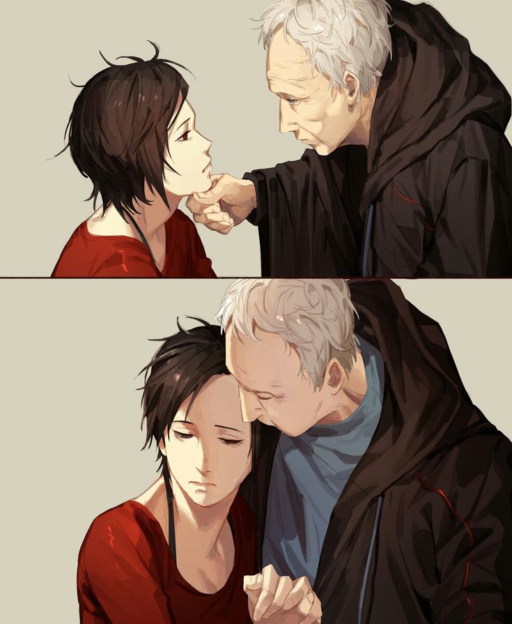 two pictures of an older man and young woman with white hair, one is kissing the other's forehead