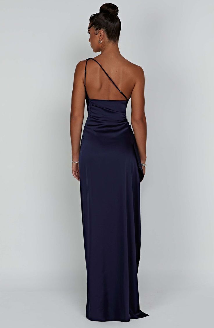 Ariel Maxi Dress - Navy – Babyboo Fashion Luxury Mermaid Hem Maxi Dress For Night Out, Luxury One-shoulder Maxi Dress For Prom, Luxury Blue One-shoulder Mini Dress, Luxury One-shoulder Gown For Prom, Luxury Blue Draped Maxi Dress, Luxury Blue Strapless Maxi Dress, Luxury One-shoulder Gala Dress, Luxury Maxi Length Dresses For Night Out, Luxury One-shoulder Satin Dress