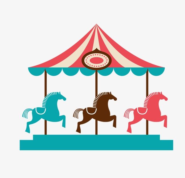 two horses on a merry go round with a red and blue tent in the background