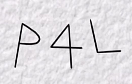 the word p4l written in black ink on white paper