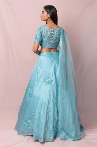 Shop for Pinup By Astha Blue Satin Organza Sequin Embroidered Lehenga Set for Women Online at Aza Fashions Sky Blue Lehenga, Sequin Lehenga, Sheer Dupatta, Lehenga Style Saree, Dark Blue Blouse, Organza Embroidery, Organza Blouse, Blue Lehenga, Embroidered Lehenga