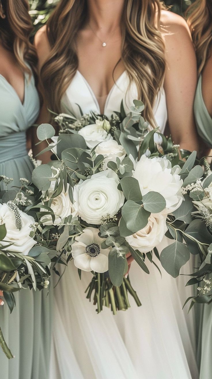 the bridesmaids are holding their bouquets with white flowers and greenery on them