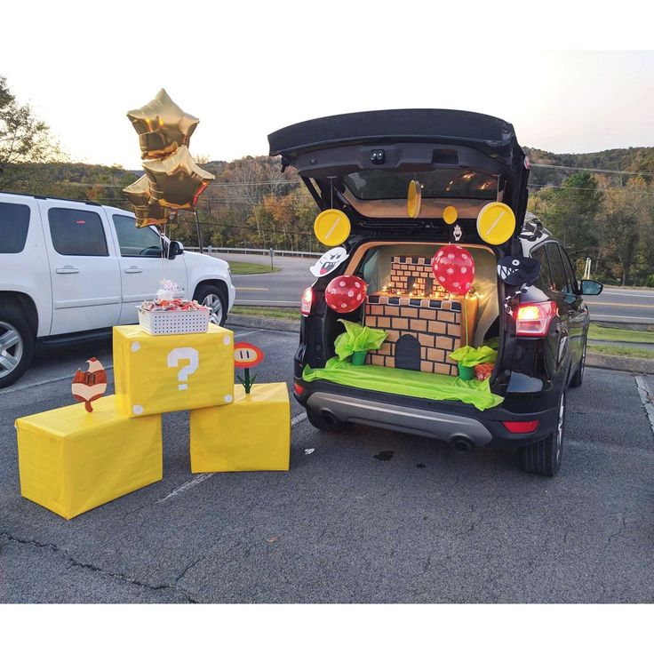 the trunk of a car is decorated with decorations