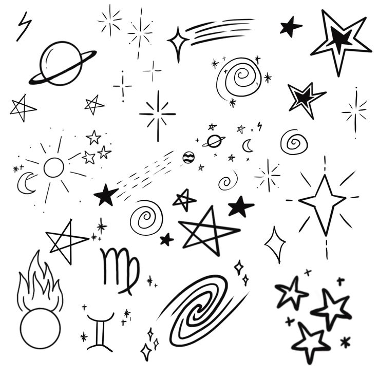 black and white drawing of stars, planets, and other things on a white background