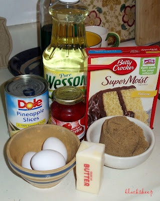 ingredients for cake sitting on top of a counter