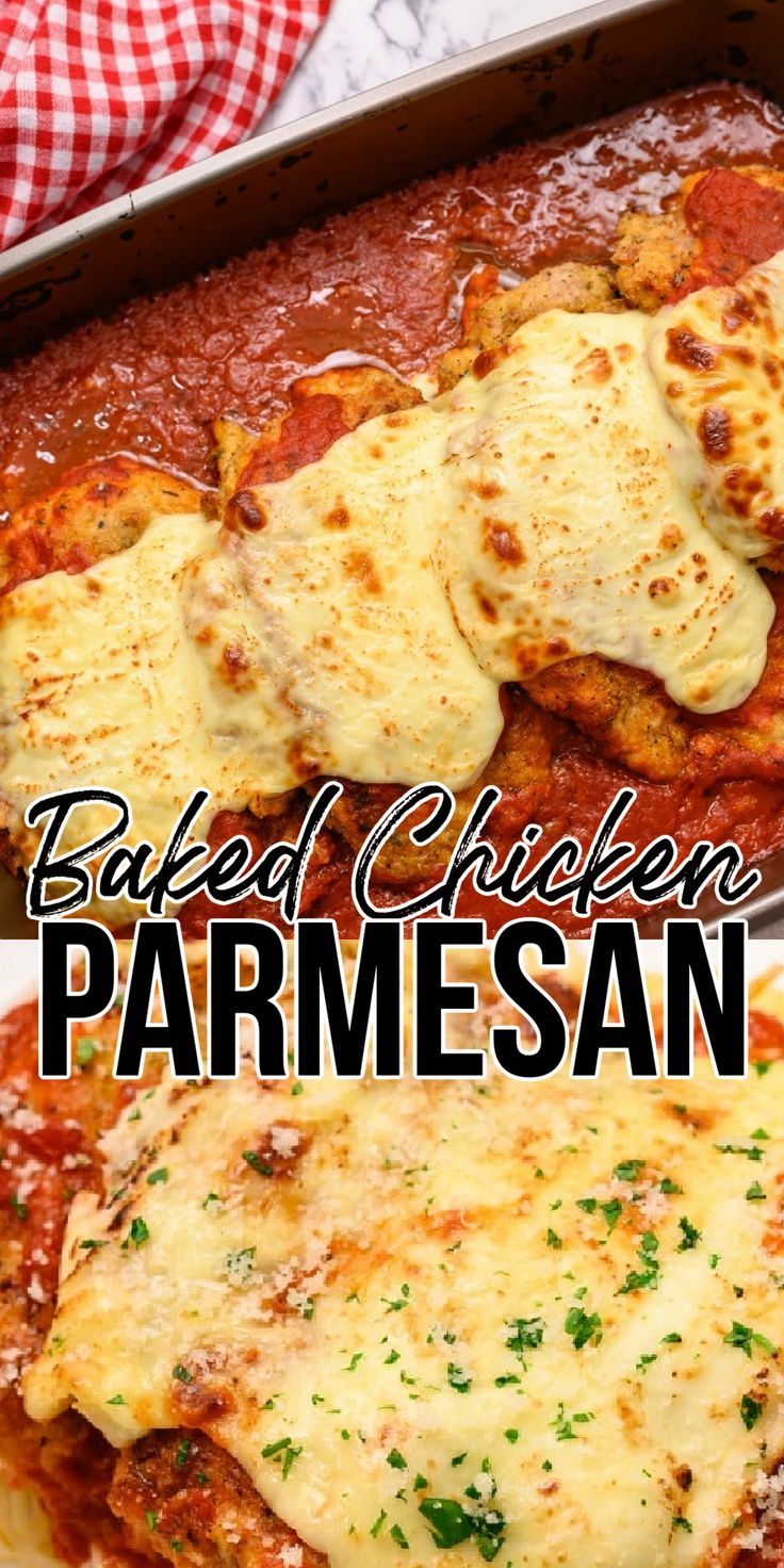 Baked Chicken Parmesan on a plate Baked Chicken With Marinara Sauce, Recipes Using Fresh Mozzarella Cheese, Recipes Using Mozzarella Cheese, Cheesey Chicken, The Best Baked Chicken, Best Baked Chicken, Recipes With Mozzarella Cheese, Recipes With Parmesan Cheese, Chicken Parmesan Recipe Baked