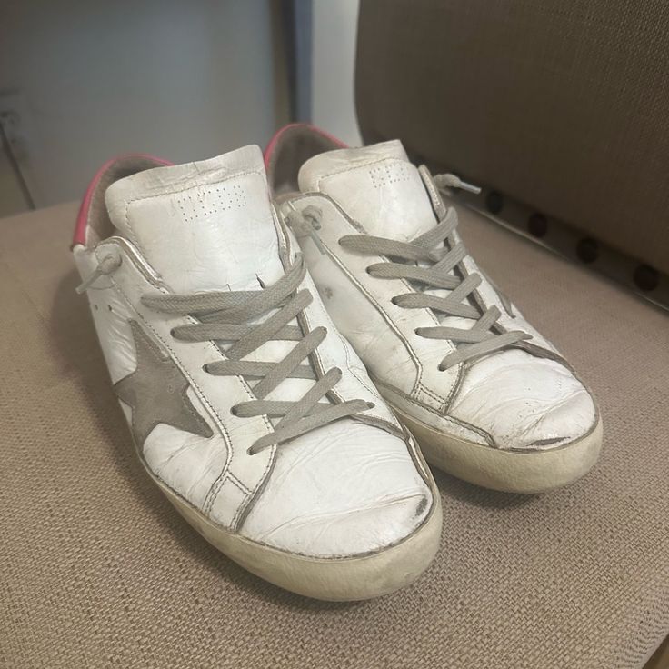 Worn Golden Gooses White Leather Pointed Toe Sneakers, Pointed Toe White Leather Sneakers, Goose Shoes, Golden Goose Shoes, Golden Goose, Womens Shoes Sneakers, Shoes Sneakers, Color White, Women Shoes