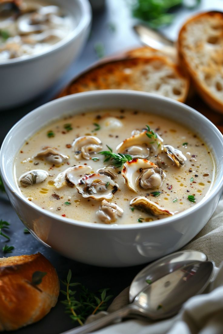 Creamy clam chowder garnished with herbs in a white bowl, served with slices of toasted bread. Canned Oysters Recipes, Bisque Recipes, Oyster Stew Recipes, Canned Oysters, Rich Beef Stew, Stew With Potatoes, Oyster Soup, Seafood Stew Recipes, Mozzarella Sticks Recipe