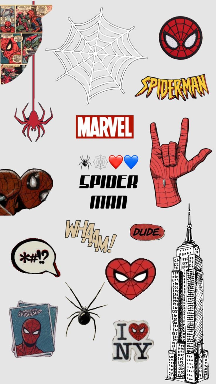 various stickers are arranged in the shape of a spider - man head and hands