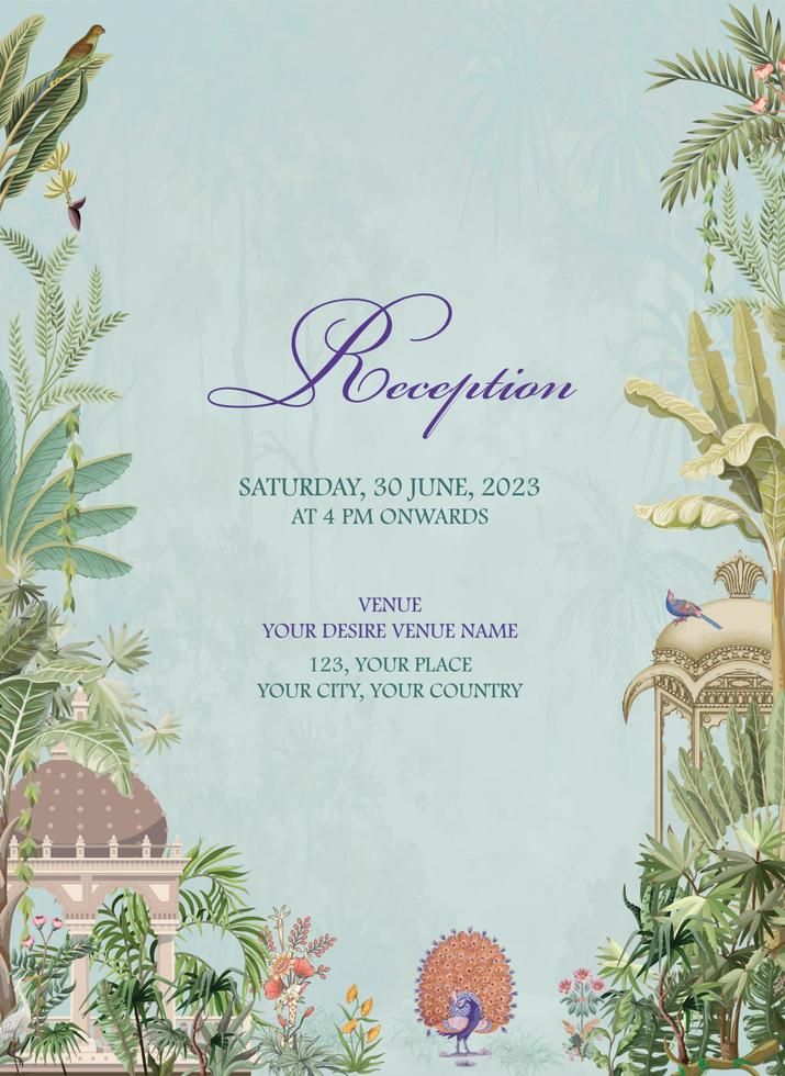 an image of a birthday party card with tropical trees and birds in the jungles