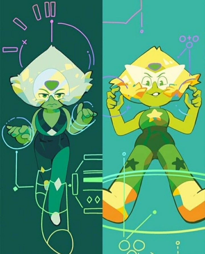 two cartoon characters, one with green hair and the other with yellow hair in different poses