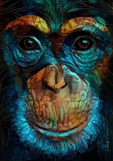 a painting of a monkey's face with many different colors and patterns on it