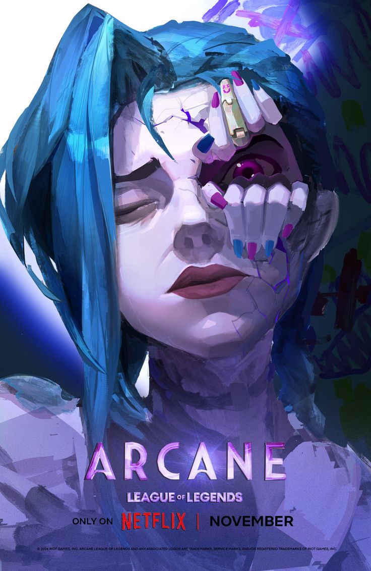 the poster for arcane league of legends, featuring a woman with blue hair and makeup