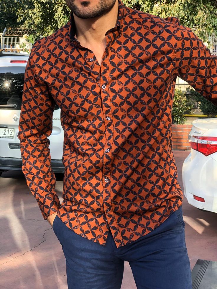 Bumb Slim-Fit Patterned Shirt Tile – BOJONI Formal Shirt Dress, Tile Color, African Shirts, Patterned Shirt, Fashion Suits For Men, African Wear, Street Style Inspiration, Modern Outfits, Color Code