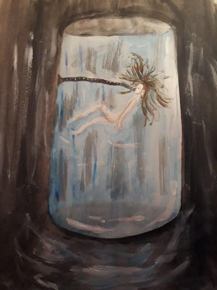 a painting of a woman floating in a jar